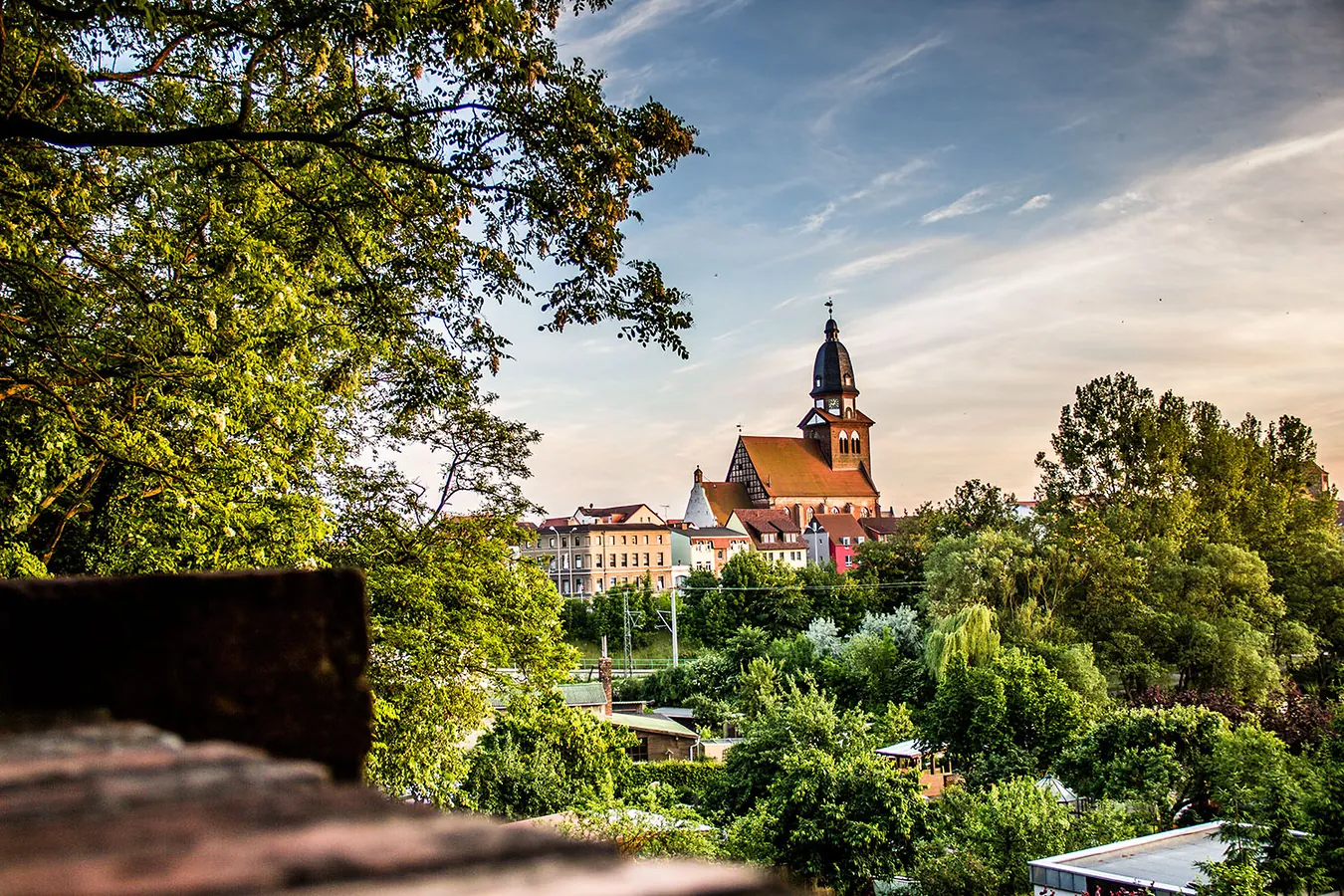 Blick über Gärten und Bäume auf die Altstadt von Waren (Müritz) mit dem Turm der St.-Marien-Kirche im Abendlicht
