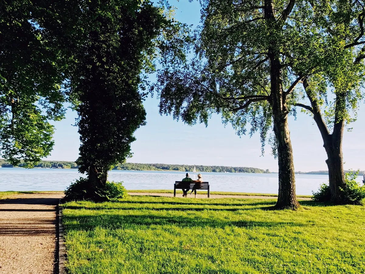 Zwei Menschen auf einer Parkbank unter großen Bäumen am Ufer der Müritz in Waren (Müritz), auf dem Wasser ein Segelboot