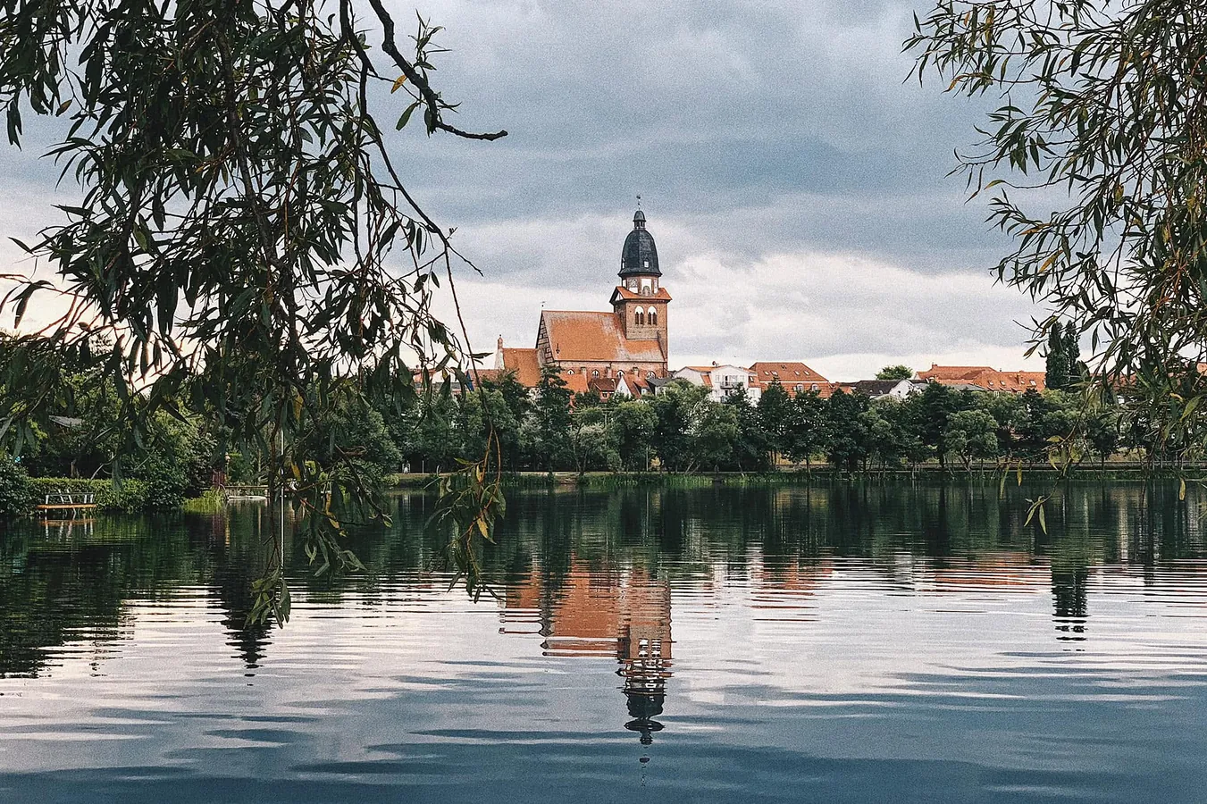 Turm der St.-Marien-Kirche in Waren (Müritz) spiegelt sich im ruhigen Tiefwarensee, eingerahmt von Weidenzweigen