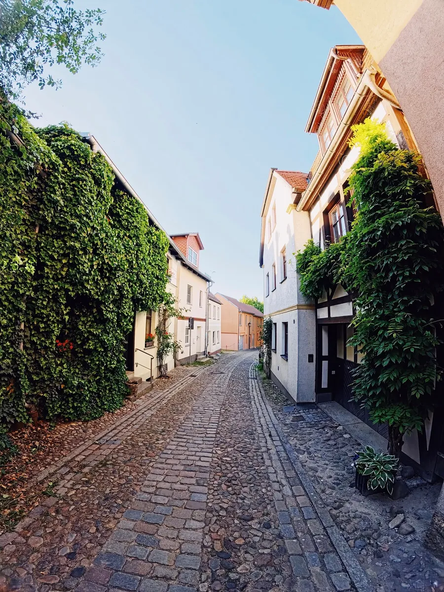 Schmale Kopfsteinpflastergasse in der Altstadt von Waren (Müritz) mit efeubewachsenen Hauswänden und alten Wohnhäusern