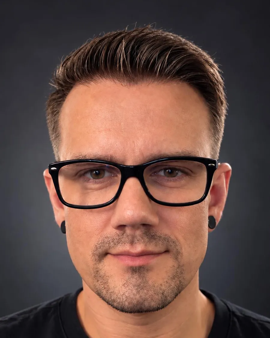 Porträt von Benito Benthin, Hobbyfotograf aus Waren (Müritz), mit schwarzer Brille und schwarzem T-Shirt vor dunklem Studiohintergrund